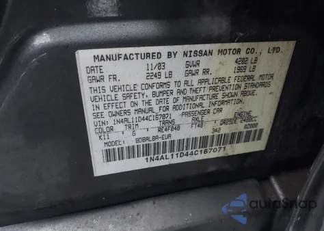 2004 Nissan Altima 2.5 S z USA, uszkodzony, nr VIN 1N4AL11D44C167071